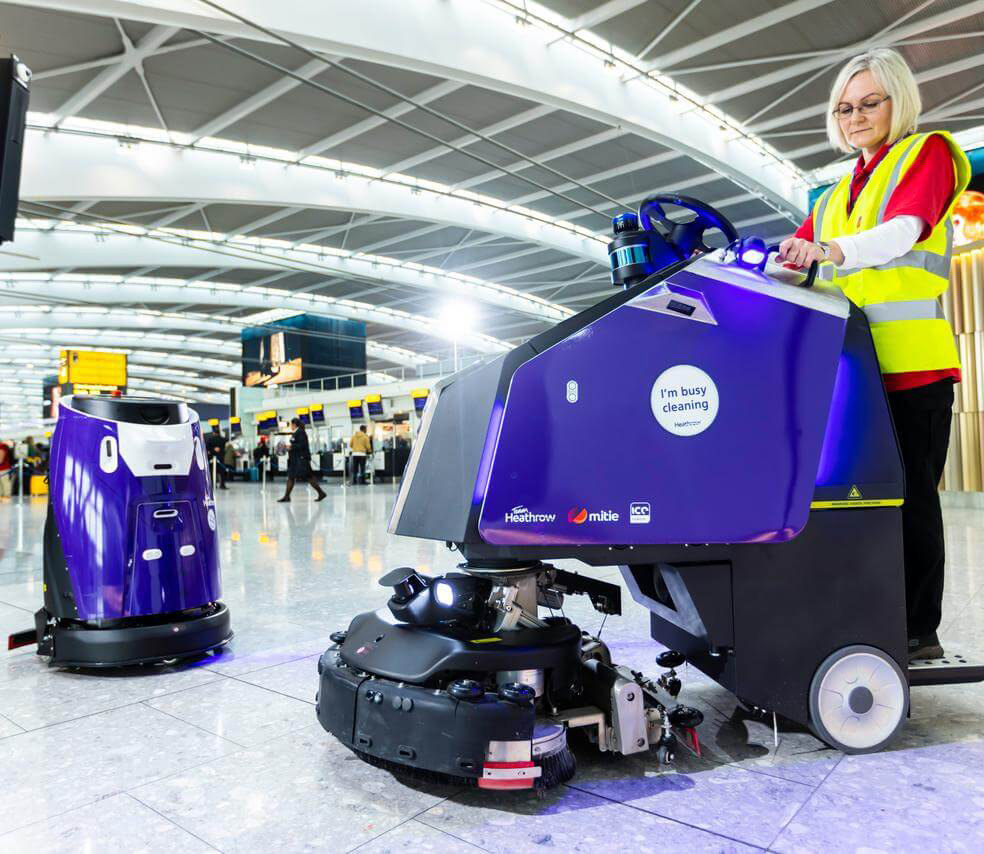 Gausium cleaning robots in a Heathrow Airport terminal