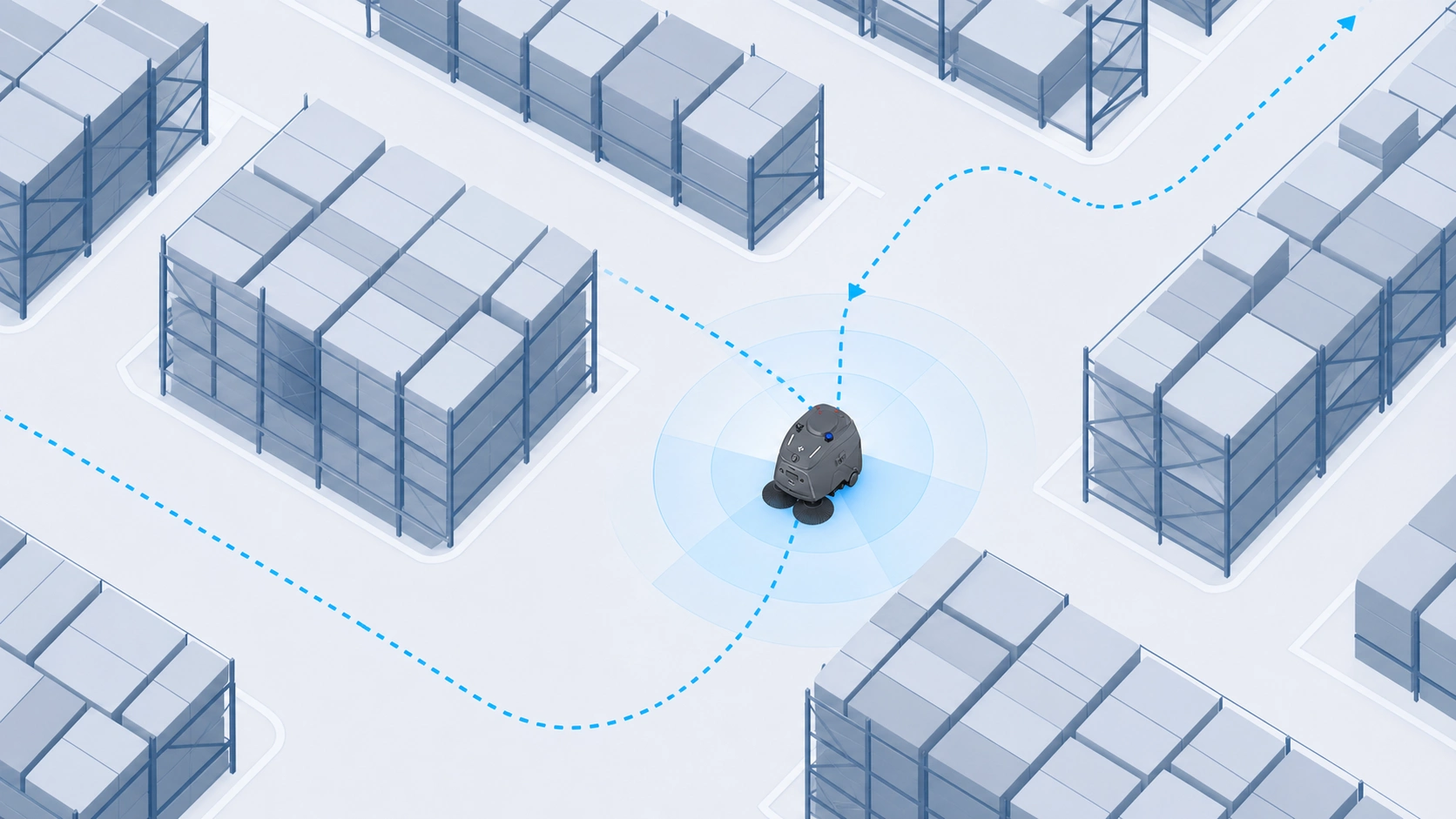 Industrial cleaning robot navigating a warehouse aisle along a mapped route